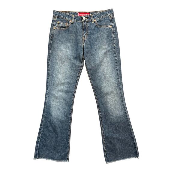 Vintage Levis Jeans Youth JR M Blue Denim Super Low Stretch Boot Cut Raw Hem Y2K - Picture 1 of 12